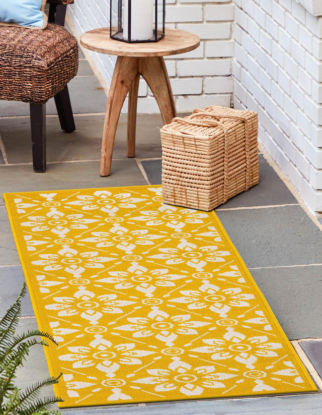 Yellow 2' 7 x 10' Outdoor Trellis Runner Area Rug Weather Resistant for Patio, Deck, Terrace, Balcony, Porch Geometric Design Water Safe Outside Carpet for Sale at Rug Engine