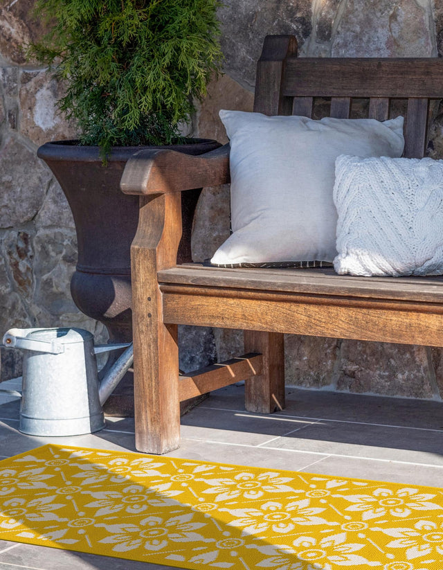 Yellow 2' x 5' 1 Outdoor Trellis Runner Area Rug Weather Resistant for Patio, Deck, Terrace, Balcony, Porch Geometric Design Water Safe Outside Carpet for Sale at Rug Engine