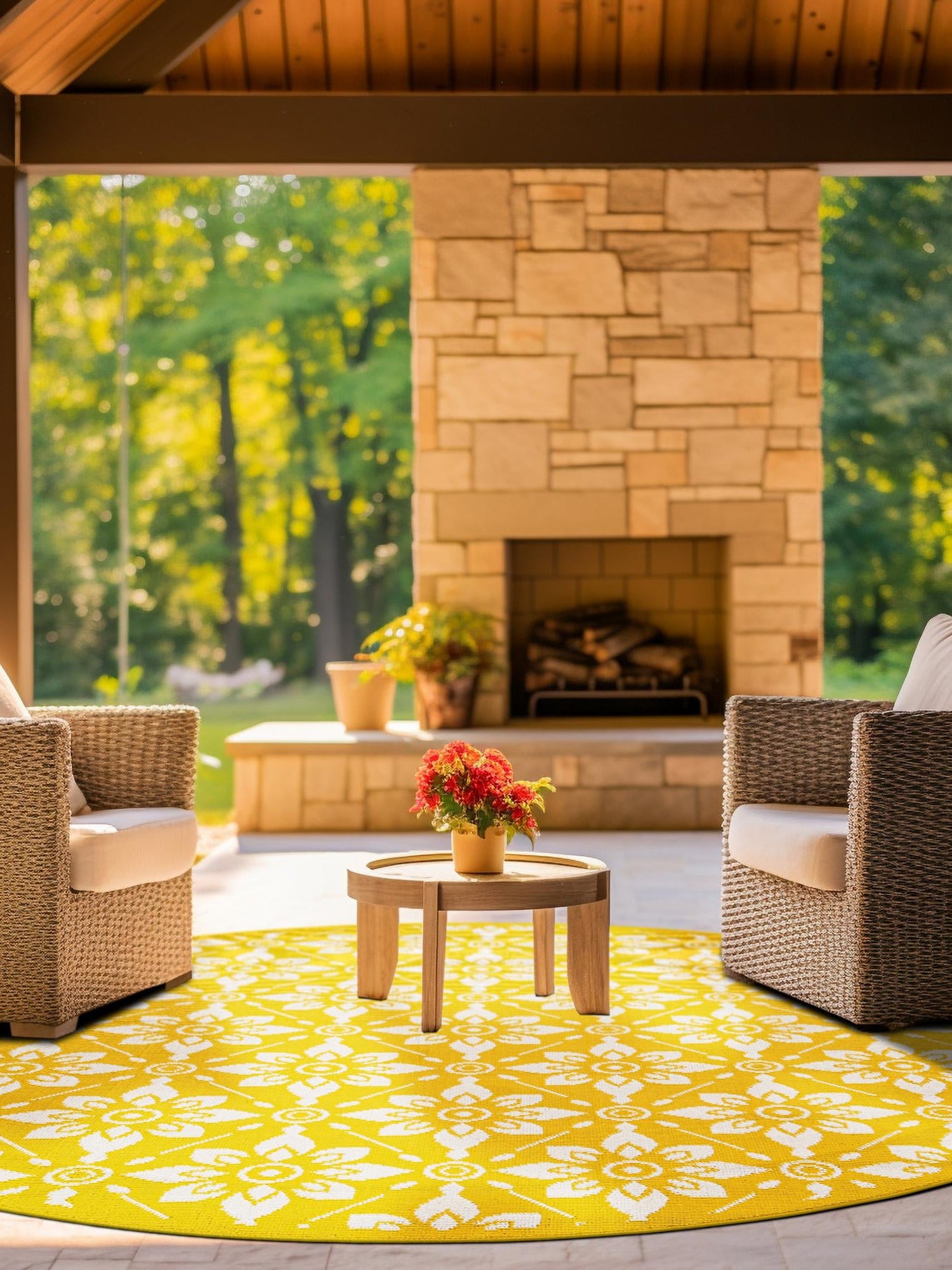 Yellow 7' 10 x 7' 10 Outdoor Trellis Round Area Rug Weather Resistant for Patio, Deck, Terrace, Balcony, Porch Geometric Design Water Safe Outside Carpet for Sale at Rug Engine