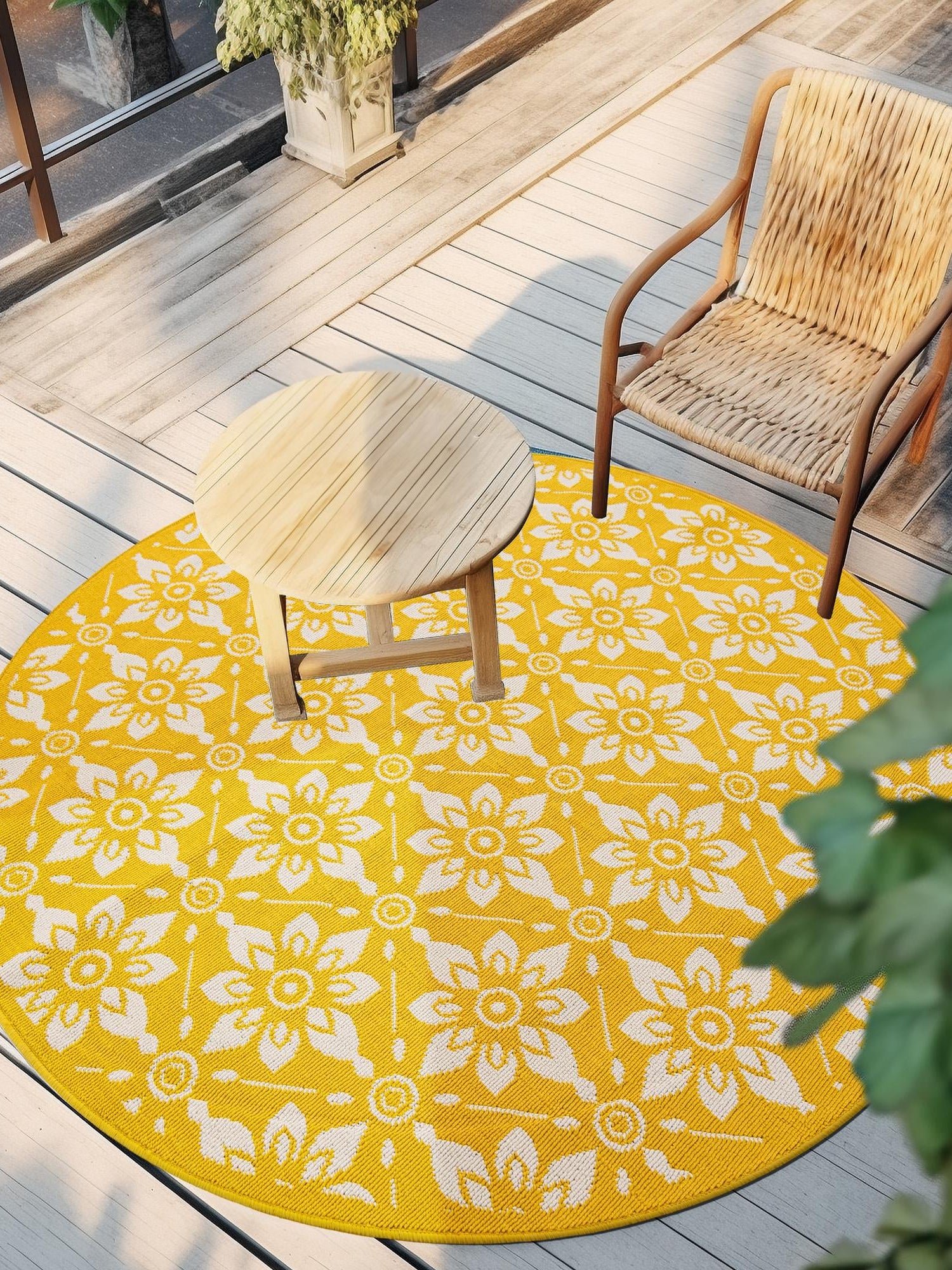 Yellow 3' 1 x 3' 1 Outdoor Trellis Round Area Rug Weather Resistant for Patio, Deck, Terrace, Balcony, Porch Geometric Design Water Safe Outside Carpet for Sale at Rug Engine