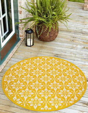 Yellow 3' 1 x 3' 1 Outdoor Trellis Round Area Rug Weather Resistant for Patio, Deck, Terrace, Balcony, Porch Geometric Design Water Safe Outside Carpet for Sale at Rug Engine