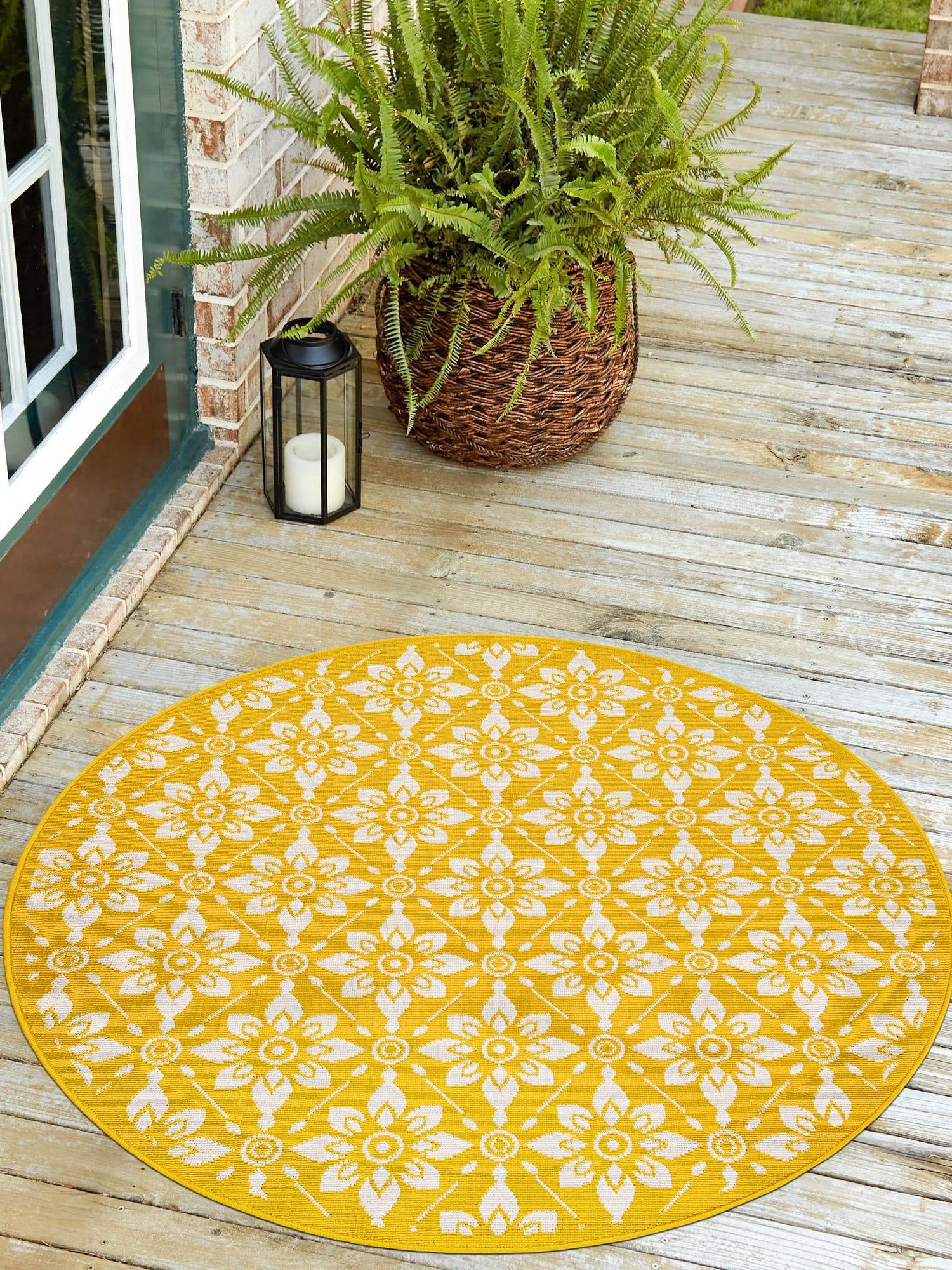 Yellow 6' 1 x 6' 1 Outdoor Trellis Round Area Rug Weather Resistant for Patio, Deck, Terrace, Balcony, Porch Geometric Design Water Safe Outside Carpet for Sale at Rug Engine
