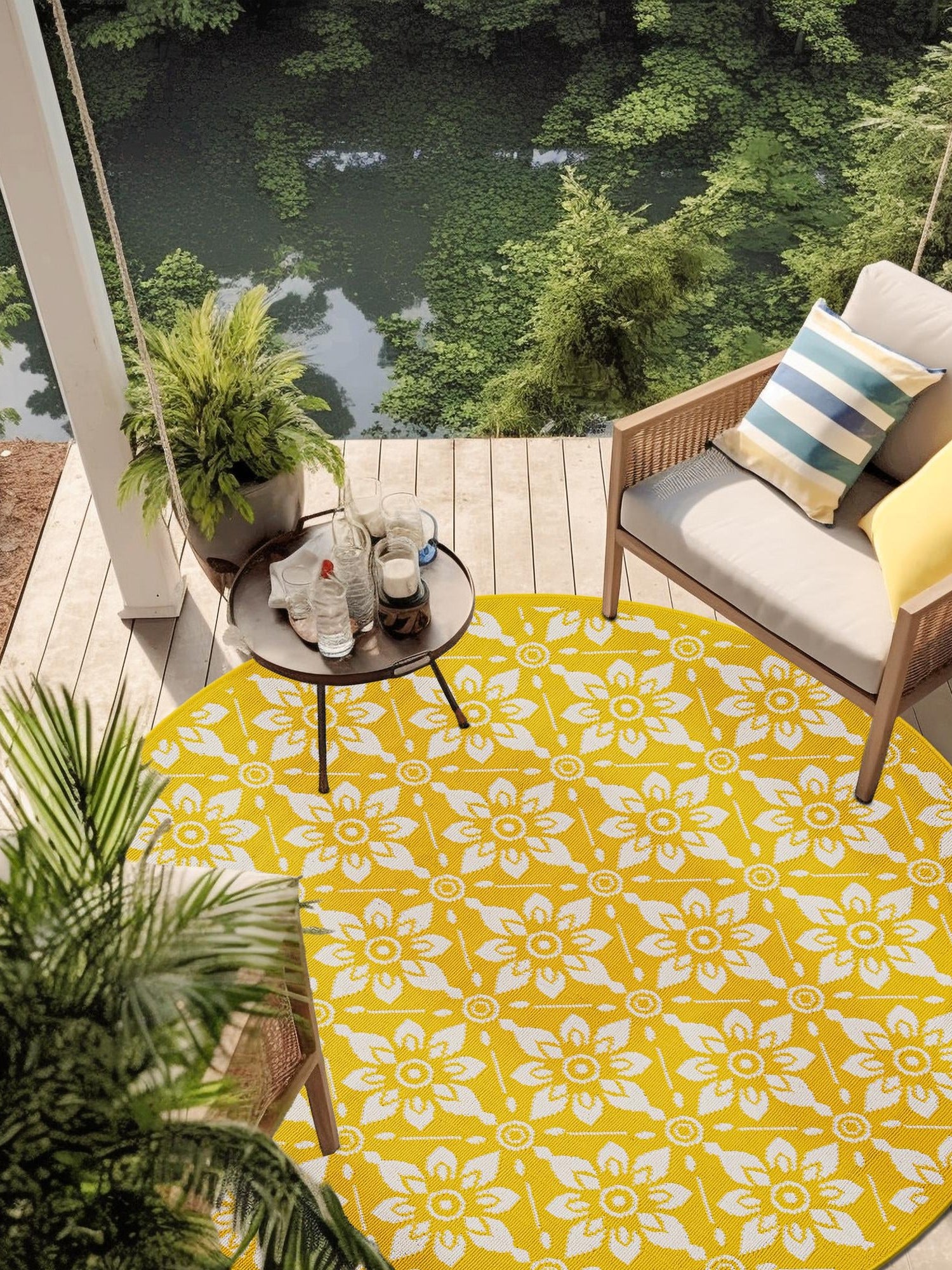 Yellow 7' 10 x 7' 10 Outdoor Trellis Round Area Rug Weather Resistant for Patio, Deck, Terrace, Balcony, Porch Geometric Design Water Safe Outside Carpet for Sale at Rug Engine