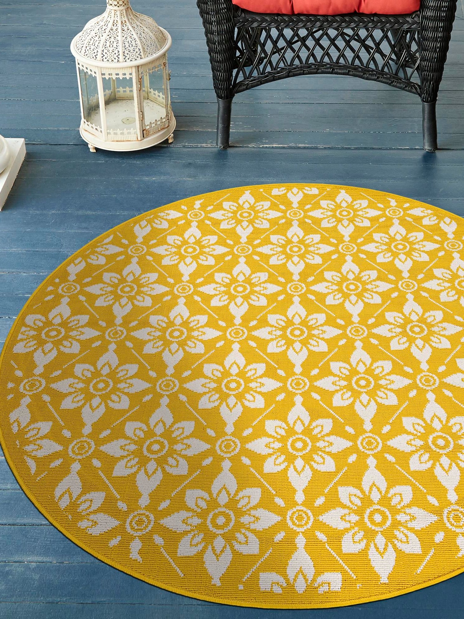 Yellow 6' 1 x 6' 1 Outdoor Trellis Round Area Rug Weather Resistant for Patio, Deck, Terrace, Balcony, Porch Geometric Design Water Safe Outside Carpet for Sale at Rug Engine