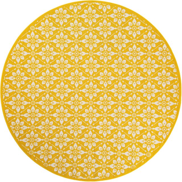 Yellow 7' 10 x 7' 10 Outdoor Trellis Round Area Rug Weather Resistant for Patio, Deck, Terrace, Balcony, Porch Geometric Design Water Safe Outside Carpet for Sale at Rug Engine