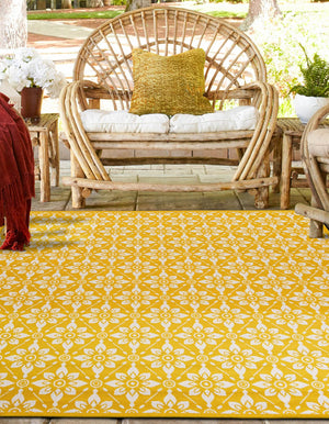 Yellow 7' 10 x 7' 10 Outdoor Trellis Square Area Rug Weather Resistant for Patio, Deck, Terrace, Balcony, Porch Geometric Design Water Safe Outside Carpet for Sale at Rug Engine