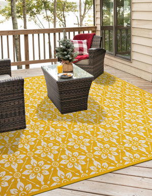Yellow 7' 10 x 7' 10 Outdoor Trellis Square Area Rug Weather Resistant for Patio, Deck, Terrace, Balcony, Porch Geometric Design Water Safe Outside Carpet for Sale at Rug Engine