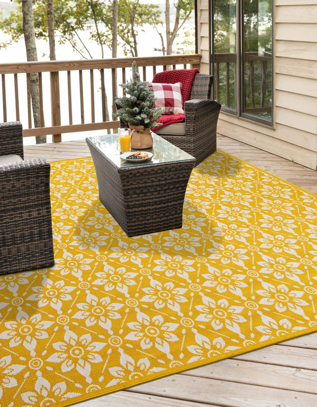 Yellow 7' 10 x 7' 10 Outdoor Trellis Square Area Rug Weather Resistant for Patio, Deck, Terrace, Balcony, Porch Geometric Design Water Safe Outside Carpet for Sale at Rug Engine