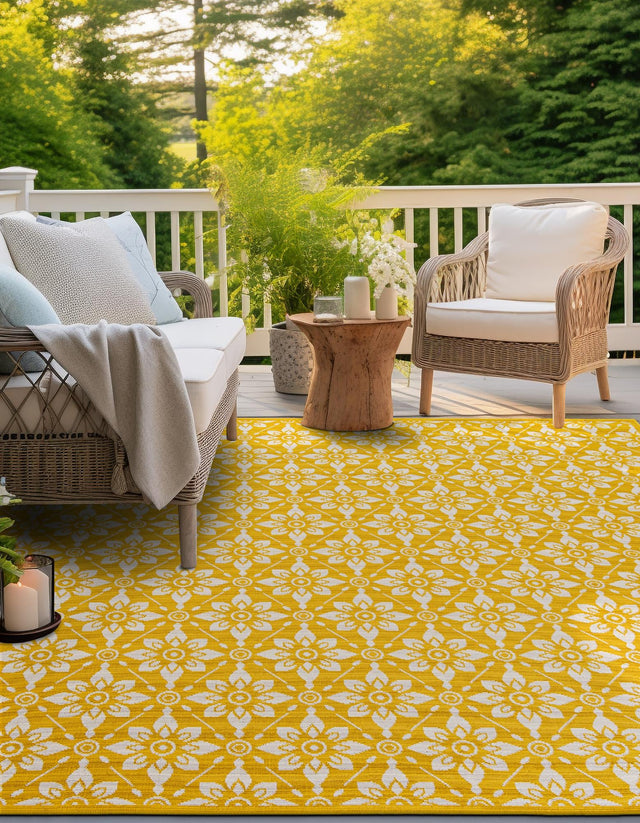 Yellow 7' 10 x 7' 10 Outdoor Trellis Square Area Rug Weather Resistant for Patio, Deck, Terrace, Balcony, Porch Geometric Design Water Safe Outside Carpet for Sale at Rug Engine