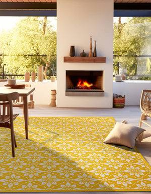 Yellow 7' 10 x 7' 10 Outdoor Trellis Square Area Rug Weather Resistant for Patio, Deck, Terrace, Balcony, Porch Geometric Design Water Safe Outside Carpet for Sale at Rug Engine