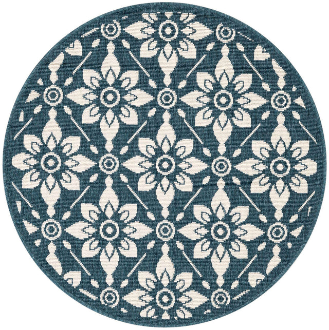 Navy Blue 3' 1 x 3' 1 Outdoor Trellis Round Area Rug Weather Resistant for Patio, Deck, Terrace, Balcony, Porch Geometric Design Water Safe Outside Carpet for Sale at Rug Engine