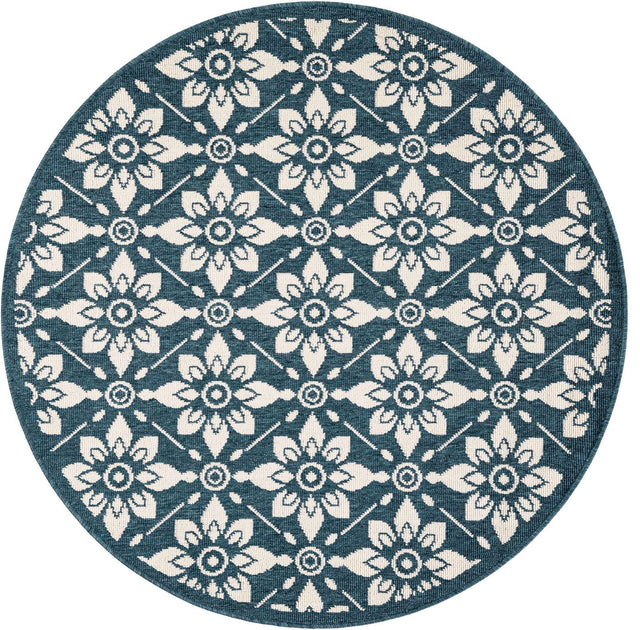 Navy Blue 4' 1 x 4' 1 Outdoor Trellis Round Area Rug Weather Resistant for Patio, Deck, Terrace, Balcony, Porch Geometric Design Water Safe Outside Carpet for Sale at Rug Engine