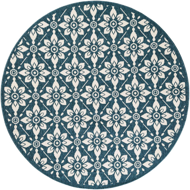 Navy Blue 5' 1 x 5' 1 Outdoor Trellis Round Area Rug Weather Resistant for Patio, Deck, Terrace, Balcony, Porch Geometric Design Water Safe Outside Carpet for Sale at Rug Engine