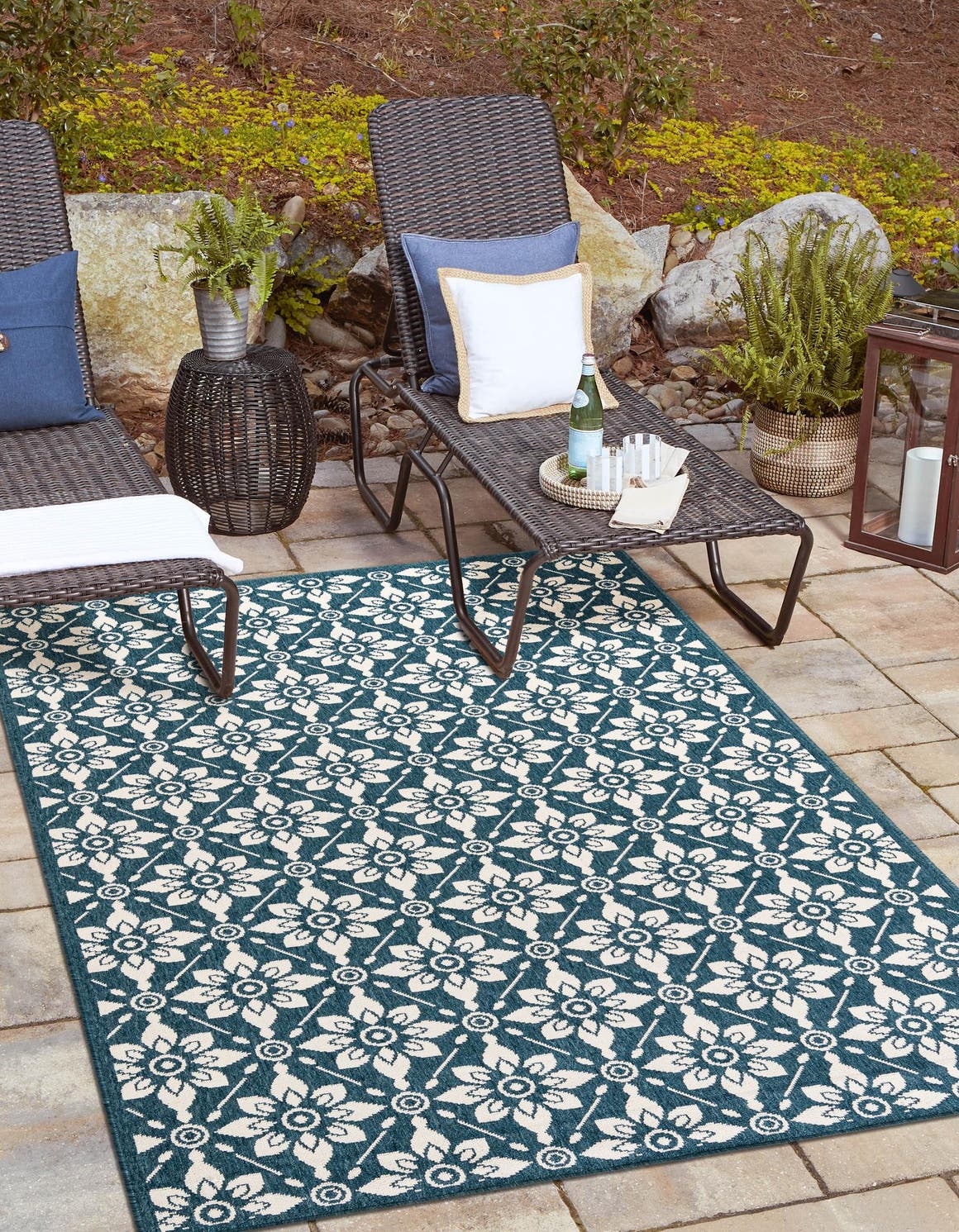 Navy Blue 10' x 14' 1 Outdoor Trellis Rectangle Area Rug Weather Resistant for Patio, Deck, Terrace, Balcony, Porch Geometric Design Water Safe Outside Carpet for Sale at Rug Engine