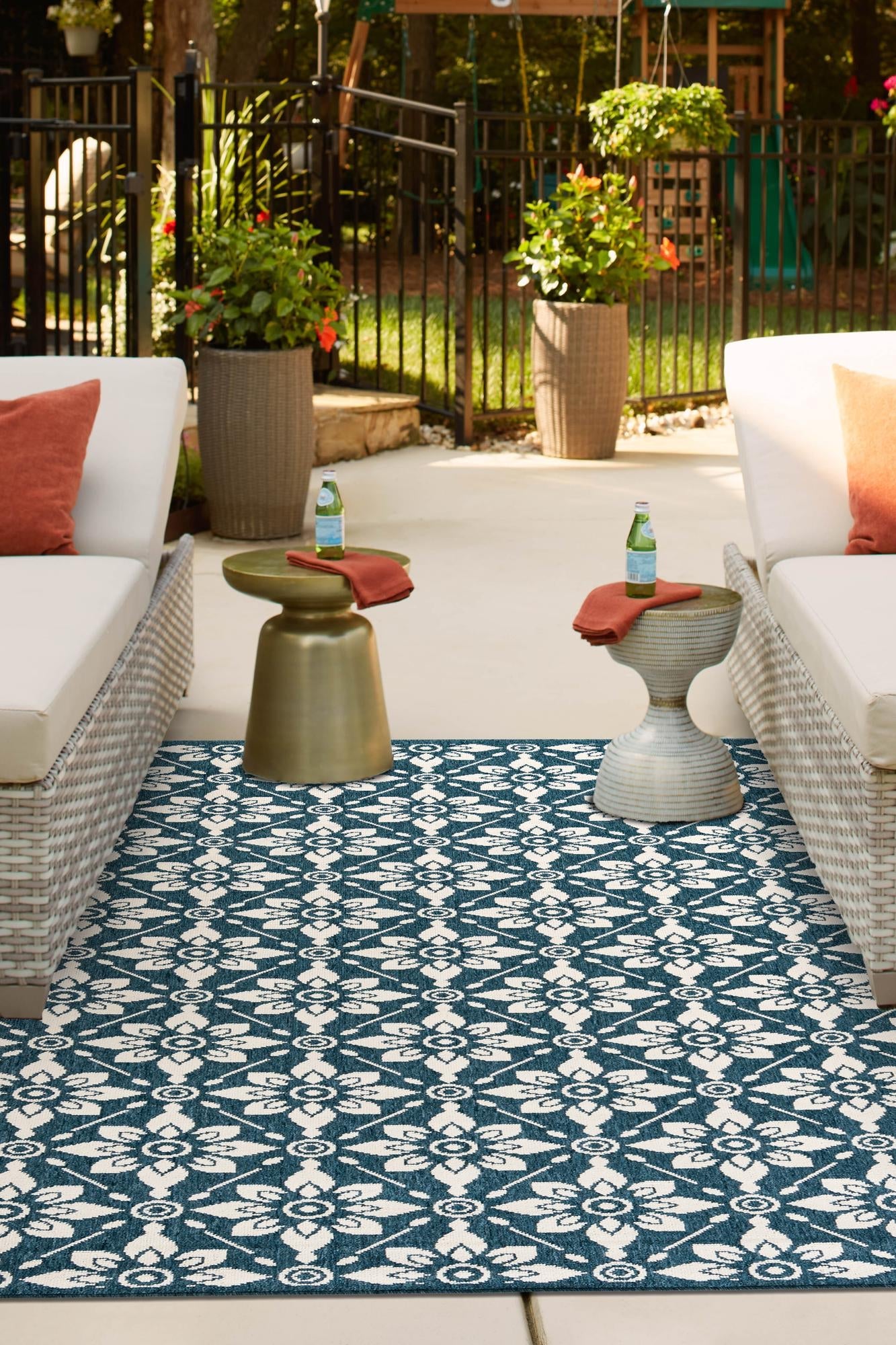 Navy Blue 9' x 12' Outdoor Trellis Rectangle Area Rug Weather Resistant for Patio, Deck, Terrace, Balcony, Porch Geometric Design Water Safe Outside Carpet for Sale at Rug Engine