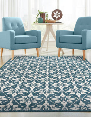 Navy Blue 4' 1 x 6' 1 Outdoor Trellis Rectangle Area Rug Weather Resistant for Patio, Deck, Terrace, Balcony, Porch Geometric Design Water Safe Outside Carpet for Sale at Rug Engine