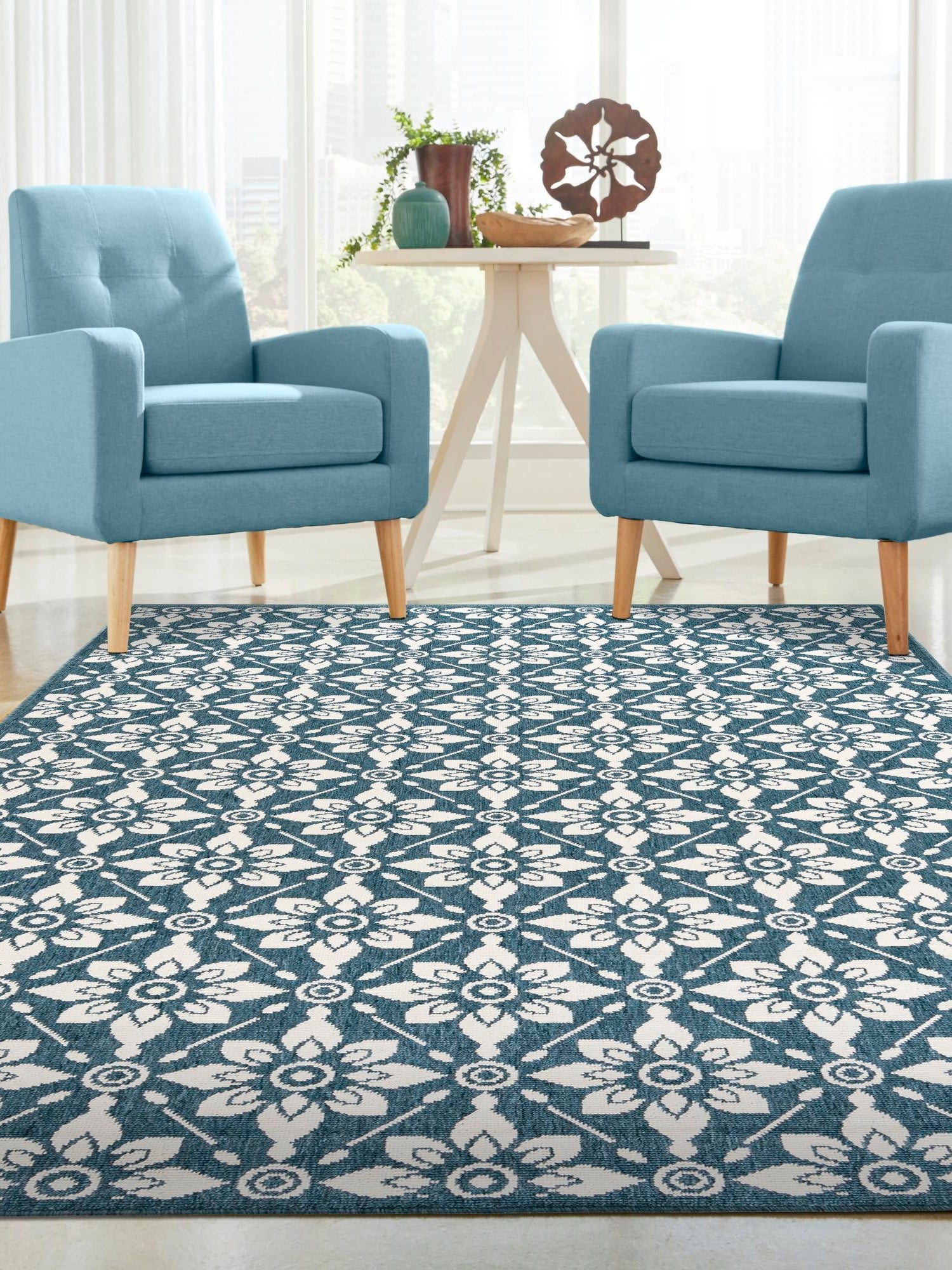 Navy Blue 9' x 12' Outdoor Trellis Rectangle Area Rug Weather Resistant for Patio, Deck, Terrace, Balcony, Porch Geometric Design Water Safe Outside Carpet for Sale at Rug Engine