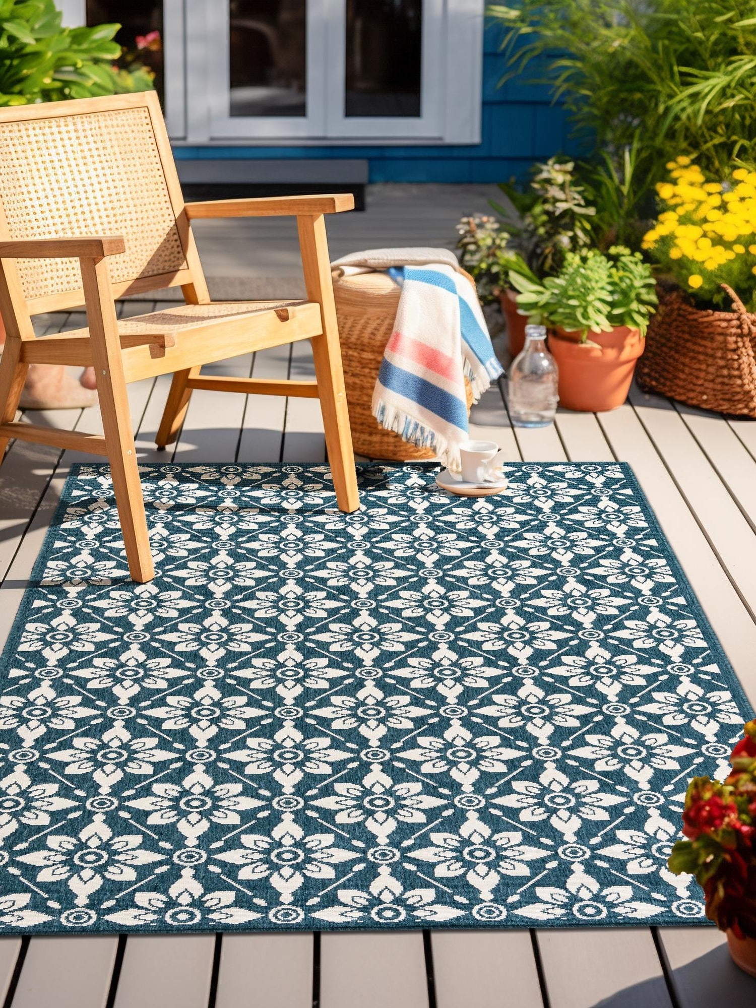 Navy Blue 9' x 12' Outdoor Trellis Rectangle Area Rug Weather Resistant for Patio, Deck, Terrace, Balcony, Porch Geometric Design Water Safe Outside Carpet for Sale at Rug Engine