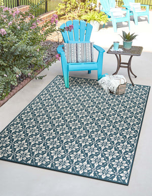Navy Blue 9' x 12' Outdoor Trellis Rectangle Area Rug Weather Resistant for Patio, Deck, Terrace, Balcony, Porch Geometric Design Water Safe Outside Carpet for Sale at Rug Engine