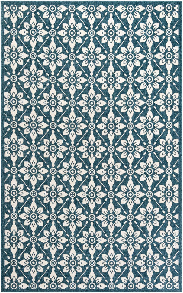 Navy Blue 5' 1 x 8' Outdoor Trellis Rectangle Area Rug Weather Resistant for Patio, Deck, Terrace, Balcony, Porch Geometric Design Water Safe Outside Carpet for Sale at Rug Engine
