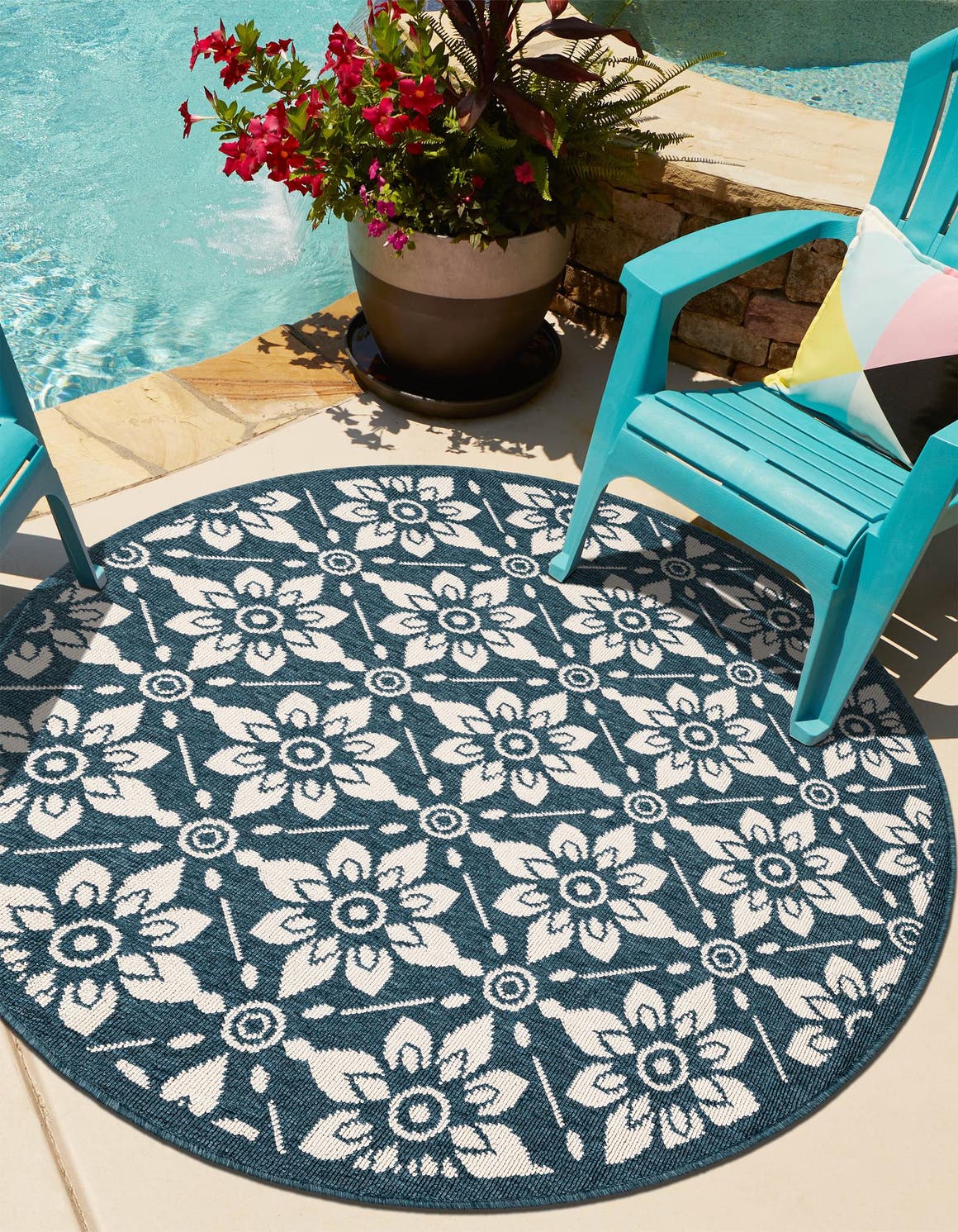 Navy Blue 4' 1 x 4' 1 Outdoor Trellis Round Area Rug Weather Resistant for Patio, Deck, Terrace, Balcony, Porch Geometric Design Water Safe Outside Carpet for Sale at Rug Engine