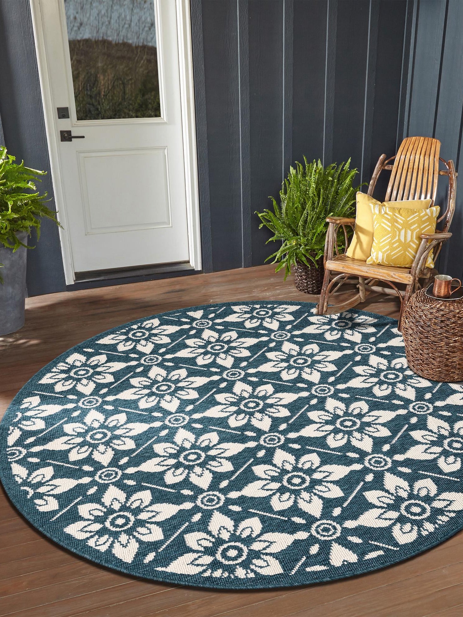 Navy Blue 7' 10 x 7' 10 Outdoor Trellis Round Area Rug Weather Resistant for Patio, Deck, Terrace, Balcony, Porch Geometric Design Water Safe Outside Carpet for Sale at Rug Engine