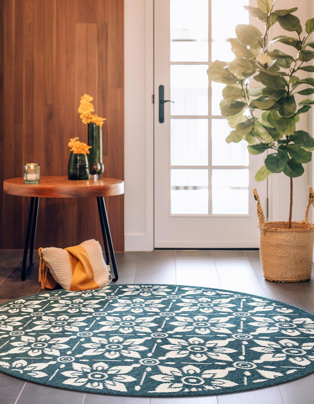 Navy Blue 4' 1 x 4' 1 Outdoor Trellis Round Area Rug Weather Resistant for Patio, Deck, Terrace, Balcony, Porch Geometric Design Water Safe Outside Carpet for Sale at Rug Engine