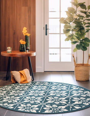 Navy Blue 5' 1 x 5' 1 Outdoor Trellis Round Area Rug Weather Resistant for Patio, Deck, Terrace, Balcony, Porch Geometric Design Water Safe Outside Carpet for Sale at Rug Engine