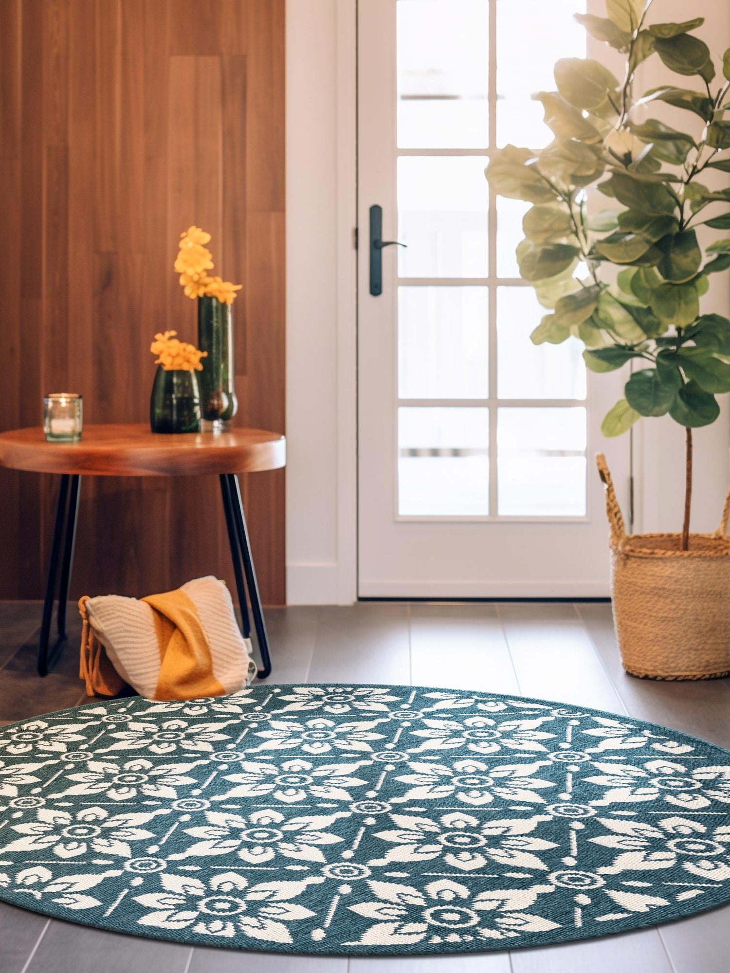 Navy Blue 7' 10 x 7' 10 Outdoor Trellis Round Area Rug Weather Resistant for Patio, Deck, Terrace, Balcony, Porch Geometric Design Water Safe Outside Carpet for Sale at Rug Engine