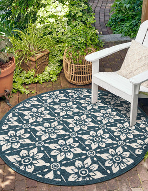 Navy Blue 3' 1 x 3' 1 Outdoor Trellis Round Area Rug Weather Resistant for Patio, Deck, Terrace, Balcony, Porch Geometric Design Water Safe Outside Carpet for Sale at Rug Engine
