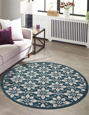 Navy Blue 4' 1 x 4' 1 Outdoor Trellis Round Area Rug Weather Resistant for Patio, Deck, Terrace, Balcony, Porch Geometric Design Water Safe Outside Carpet for Sale at Rug Engine