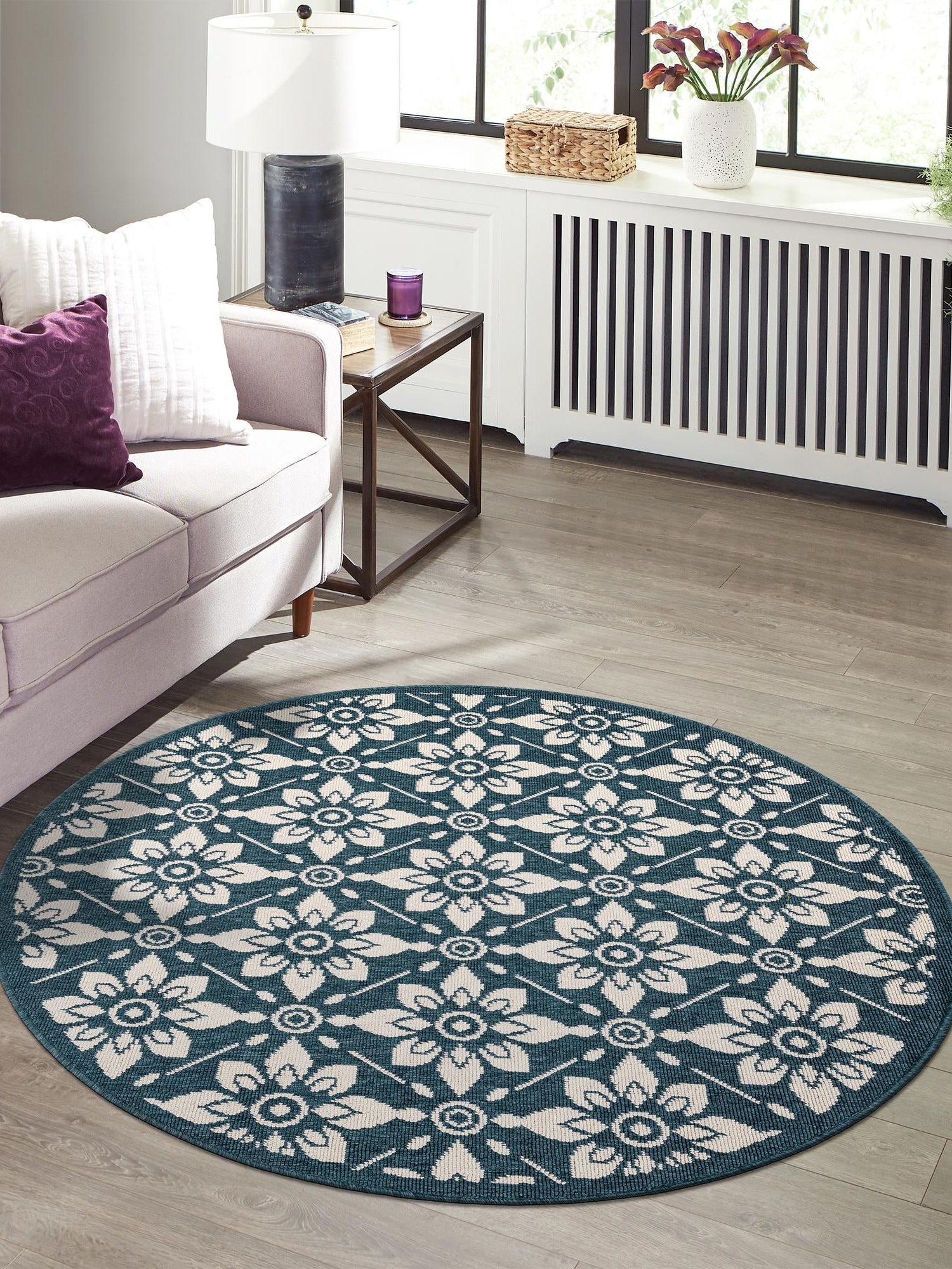 Navy Blue 7' 10 x 7' 10 Outdoor Trellis Round Area Rug Weather Resistant for Patio, Deck, Terrace, Balcony, Porch Geometric Design Water Safe Outside Carpet for Sale at Rug Engine