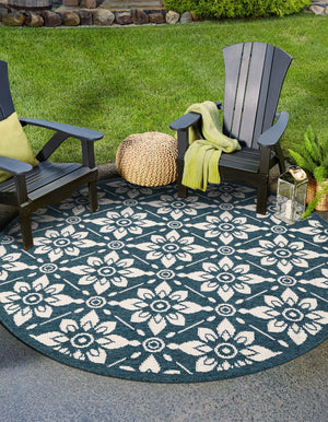 Navy Blue 3' 1 x 3' 1 Outdoor Trellis Round Area Rug Weather Resistant for Patio, Deck, Terrace, Balcony, Porch Geometric Design Water Safe Outside Carpet for Sale at Rug Engine