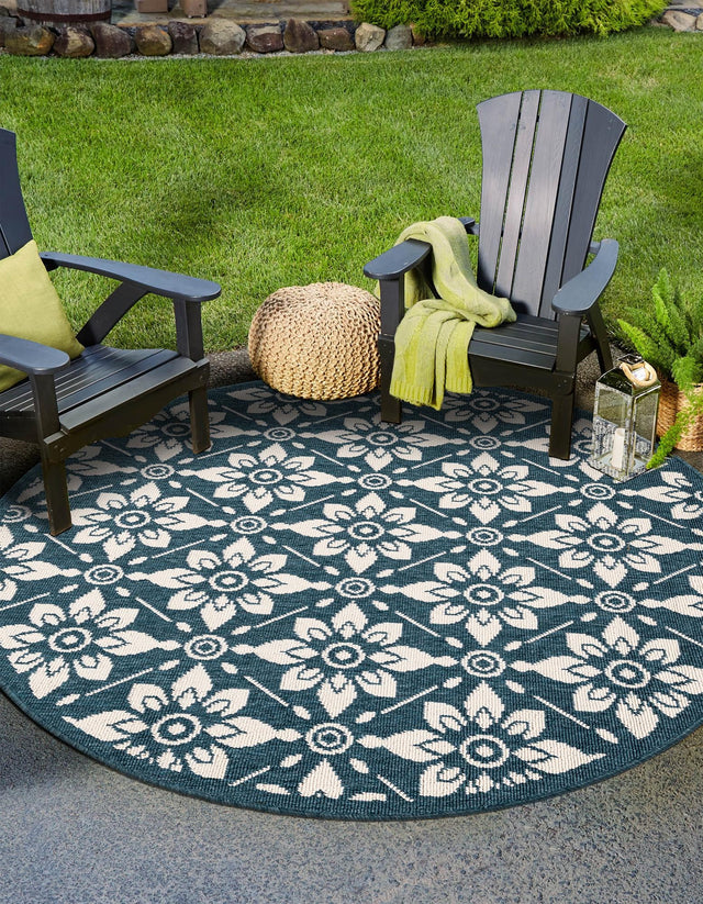 Navy Blue 3' 1 x 3' 1 Outdoor Trellis Round Area Rug Weather Resistant for Patio, Deck, Terrace, Balcony, Porch Geometric Design Water Safe Outside Carpet for Sale at Rug Engine
