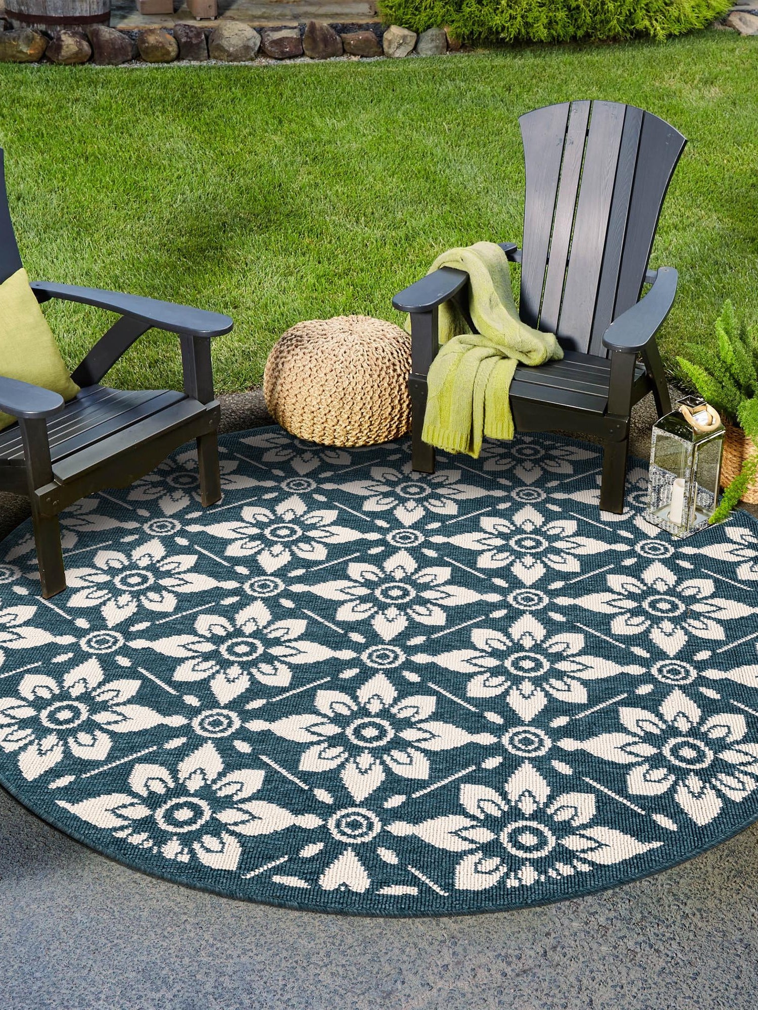 Navy Blue 5' 1 x 5' 1 Outdoor Trellis Round Area Rug Weather Resistant for Patio, Deck, Terrace, Balcony, Porch Geometric Design Water Safe Outside Carpet for Sale at Rug Engine