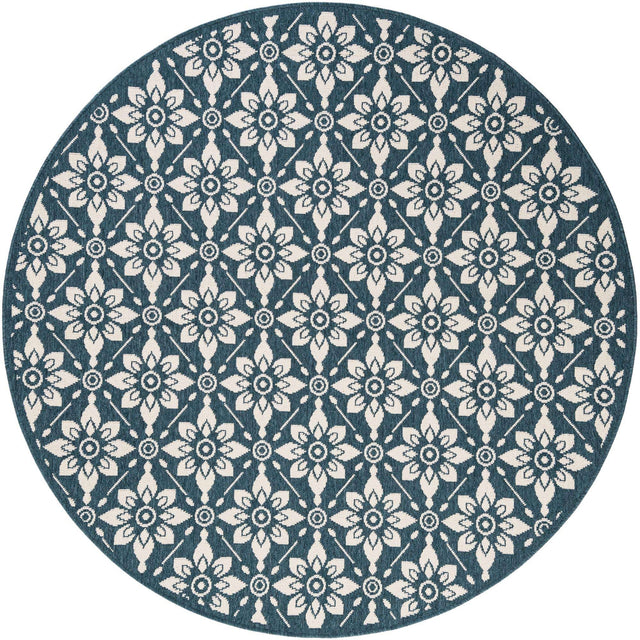 Navy Blue 6' 1 x 6' 1 Outdoor Trellis Round Area Rug Weather Resistant for Patio, Deck, Terrace, Balcony, Porch Geometric Design Water Safe Outside Carpet for Sale at Rug Engine