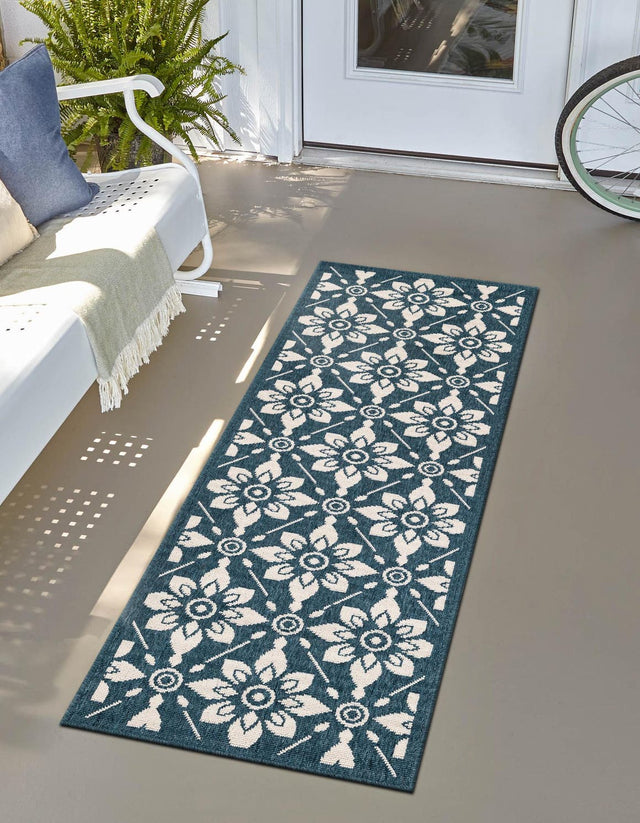 Navy Blue 2' x 5' 1 Outdoor Trellis Runner Area Rug Weather Resistant for Patio, Deck, Terrace, Balcony, Porch Geometric Design Water Safe Outside Carpet for Sale at Rug Engine