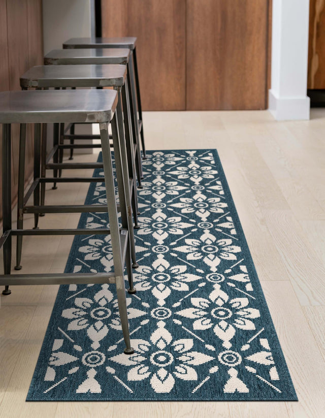 Navy Blue 2' x 5' 1 Outdoor Trellis Runner Area Rug Weather Resistant for Patio, Deck, Terrace, Balcony, Porch Geometric Design Water Safe Outside Carpet for Sale at Rug Engine