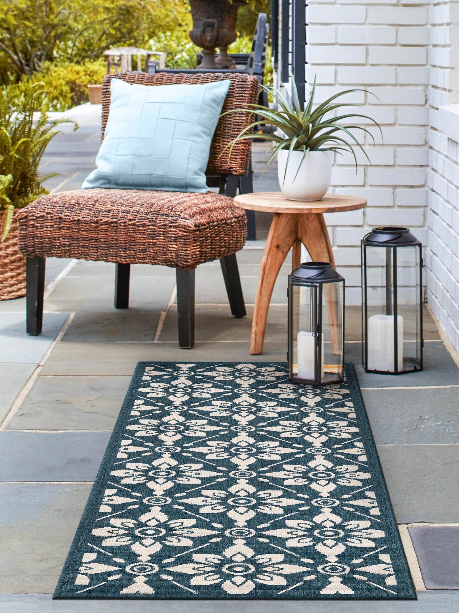Navy Blue 2' x 5' 1 Outdoor Trellis Runner Area Rug Weather Resistant for Patio, Deck, Terrace, Balcony, Porch Geometric Design Water Safe Outside Carpet for Sale at Rug Engine