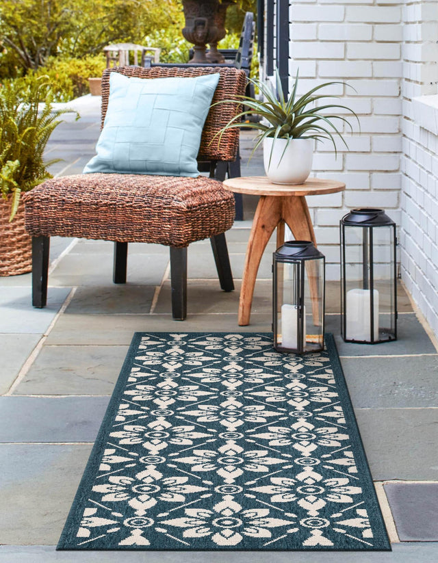 Navy Blue 2' x 5' 1 Outdoor Trellis Runner Area Rug Weather Resistant for Patio, Deck, Terrace, Balcony, Porch Geometric Design Water Safe Outside Carpet for Sale at Rug Engine