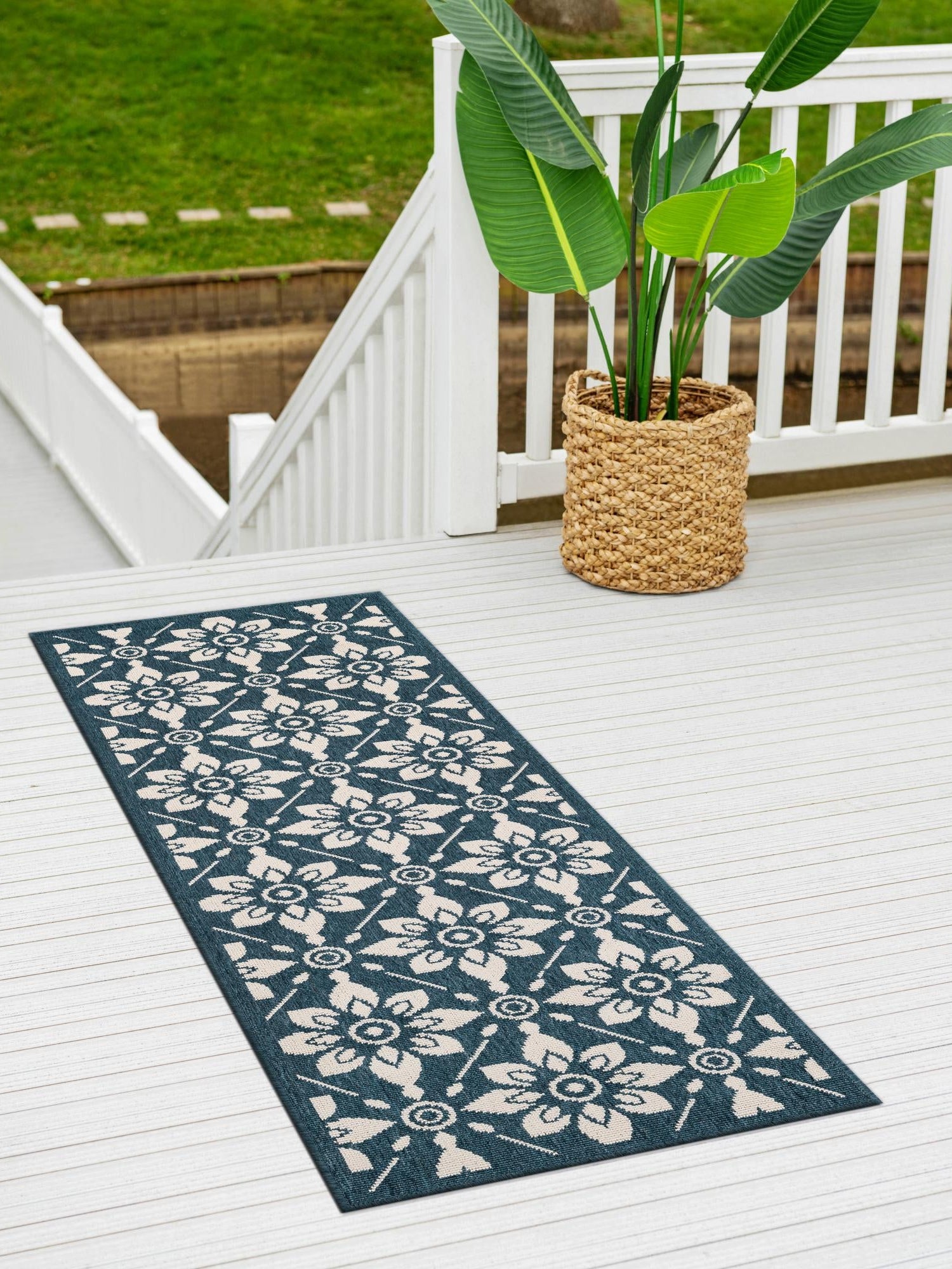 Navy Blue 2' x 5' 1 Outdoor Trellis Runner Area Rug Weather Resistant for Patio, Deck, Terrace, Balcony, Porch Geometric Design Water Safe Outside Carpet for Sale at Rug Engine