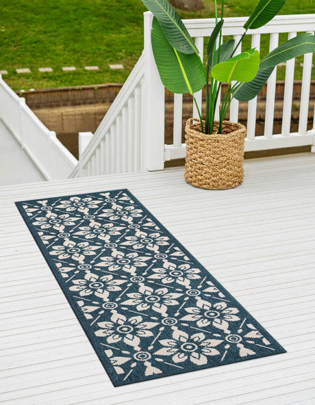 Navy Blue 2' x 5' 1 Outdoor Trellis Runner Area Rug Weather Resistant for Patio, Deck, Terrace, Balcony, Porch Geometric Design Water Safe Outside Carpet for Sale at Rug Engine