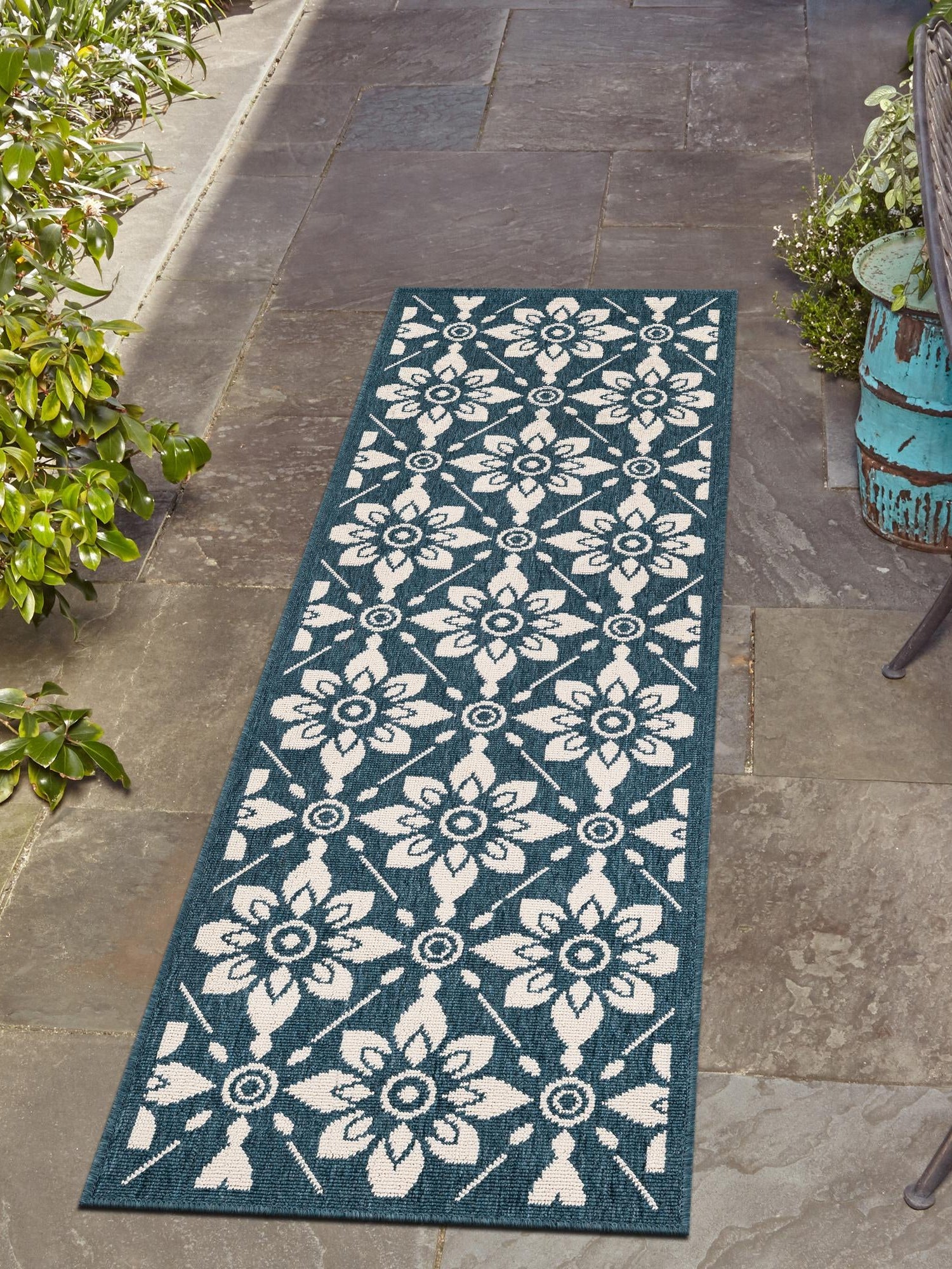 Navy Blue 2' x 5' 1 Outdoor Trellis Runner Area Rug Weather Resistant for Patio, Deck, Terrace, Balcony, Porch Geometric Design Water Safe Outside Carpet for Sale at Rug Engine