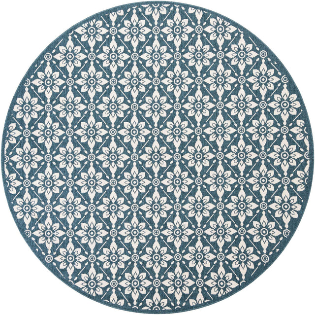 Navy Blue 7' 10 x 7' 10 Outdoor Trellis Round Area Rug Weather Resistant for Patio, Deck, Terrace, Balcony, Porch Geometric Design Water Safe Outside Carpet for Sale at Rug Engine