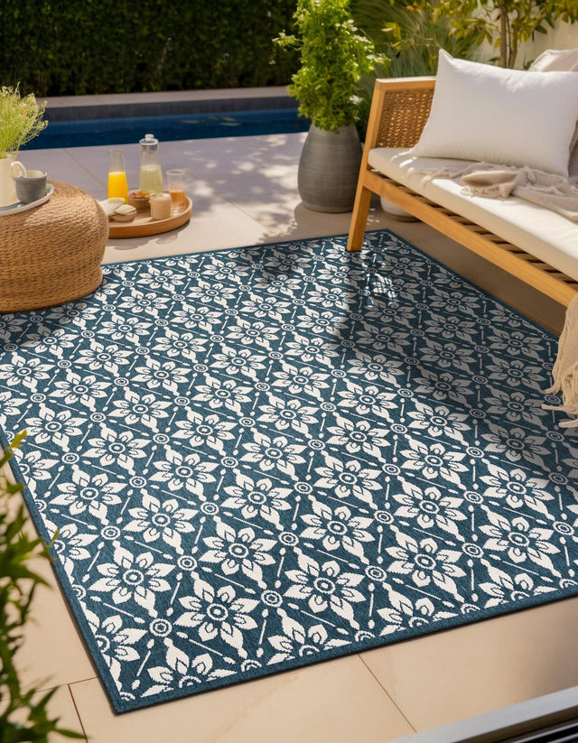 Navy Blue 7' 10 x 7' 10 Outdoor Trellis Square Area Rug Weather Resistant for Patio, Deck, Terrace, Balcony, Porch Geometric Design Water Safe Outside Carpet for Sale at Rug Engine