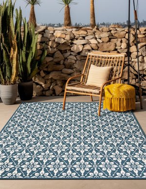 Navy Blue 7' 10 x 7' 10 Outdoor Trellis Square Area Rug Weather Resistant for Patio, Deck, Terrace, Balcony, Porch Geometric Design Water Safe Outside Carpet for Sale at Rug Engine