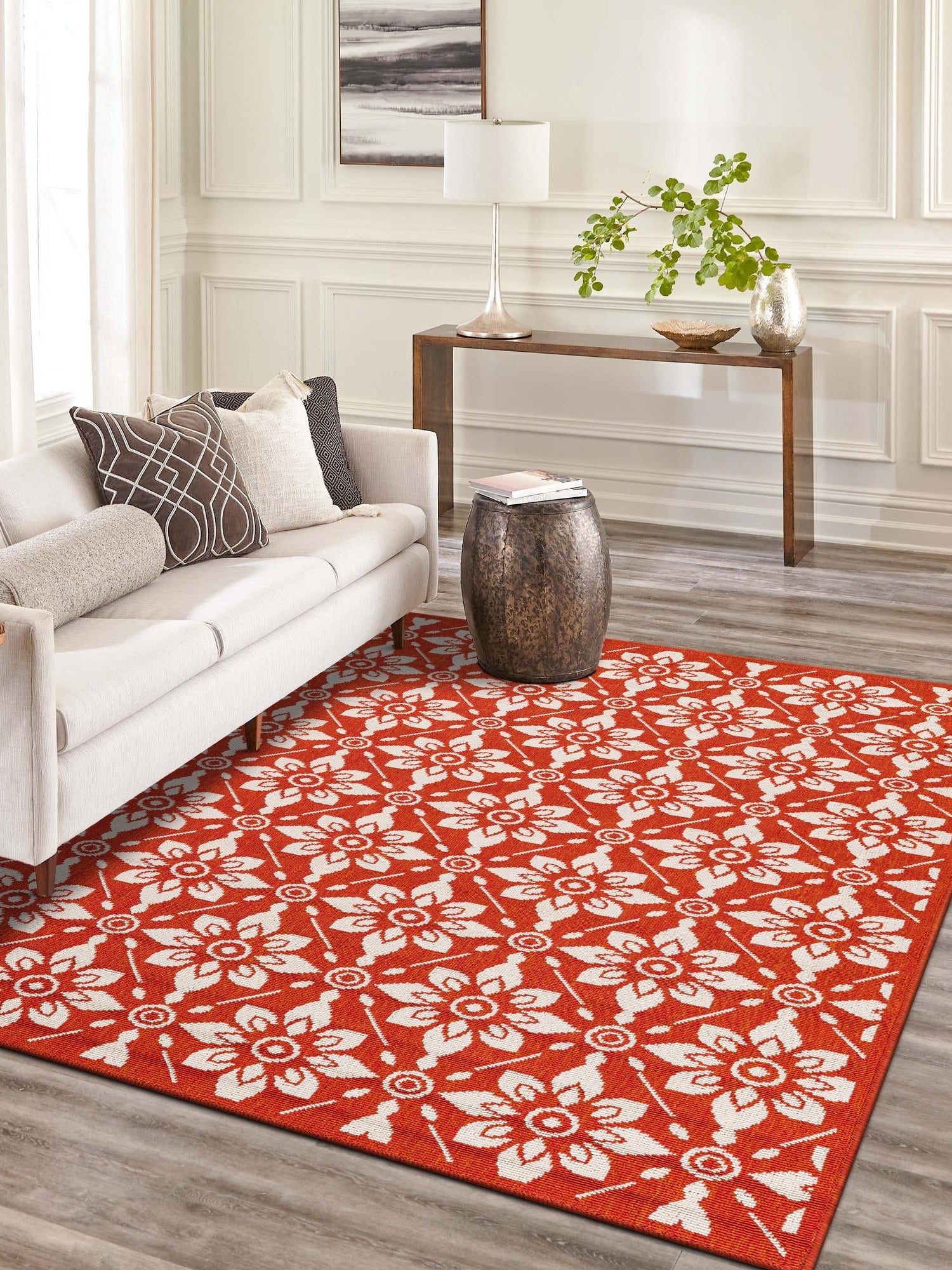 Rust Red 4' 1 x 6' 1 Outdoor Trellis Rectangle Area Rug Weather Resistant for Patio, Deck, Terrace, Balcony, Porch Geometric Design Water Safe Outside Carpet for Sale at Rug Engine