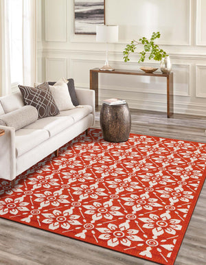 Rust Red 4' 1 x 6' 1 Outdoor Trellis Rectangle Area Rug Weather Resistant for Patio, Deck, Terrace, Balcony, Porch Geometric Design Water Safe Outside Carpet for Sale at Rug Engine