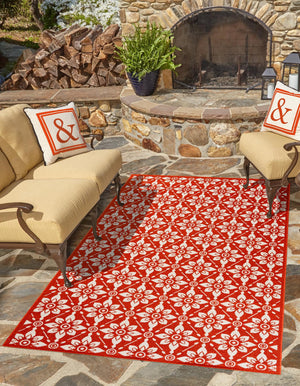 Rust Red 5' 1 x 8' Outdoor Trellis Rectangle Area Rug Weather Resistant for Patio, Deck, Terrace, Balcony, Porch Geometric Design Water Safe Outside Carpet for Sale at Rug Engine