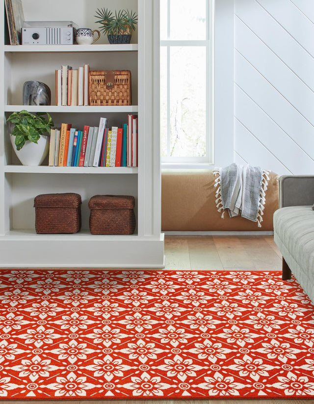 Rust Red 9' x 12' Outdoor Trellis Rectangle Area Rug Weather Resistant for Patio, Deck, Terrace, Balcony, Porch Geometric Design Water Safe Outside Carpet for Sale at Rug Engine